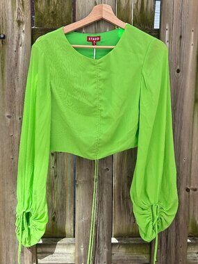 STAUD Lime Green Cropped Blouse with Ruched Balloon Sleeves — NWT — Size 6
